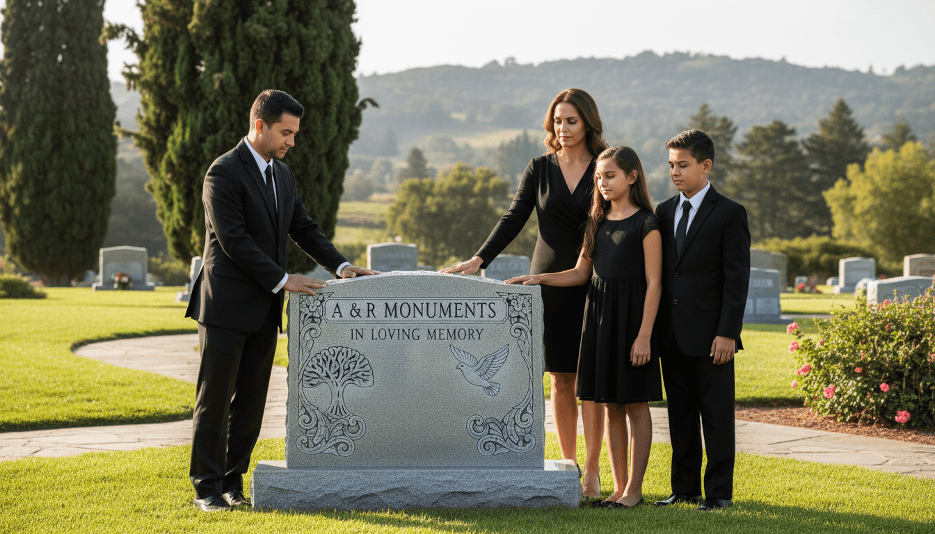 Family at a custom headstone in a tranquil cemetery, highlighting craftsmanship