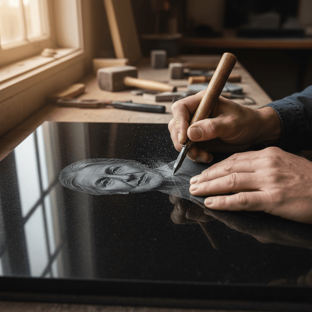Skilled stone engraver's hands etching custom portrait into polished black granite with specialized tools in natural light