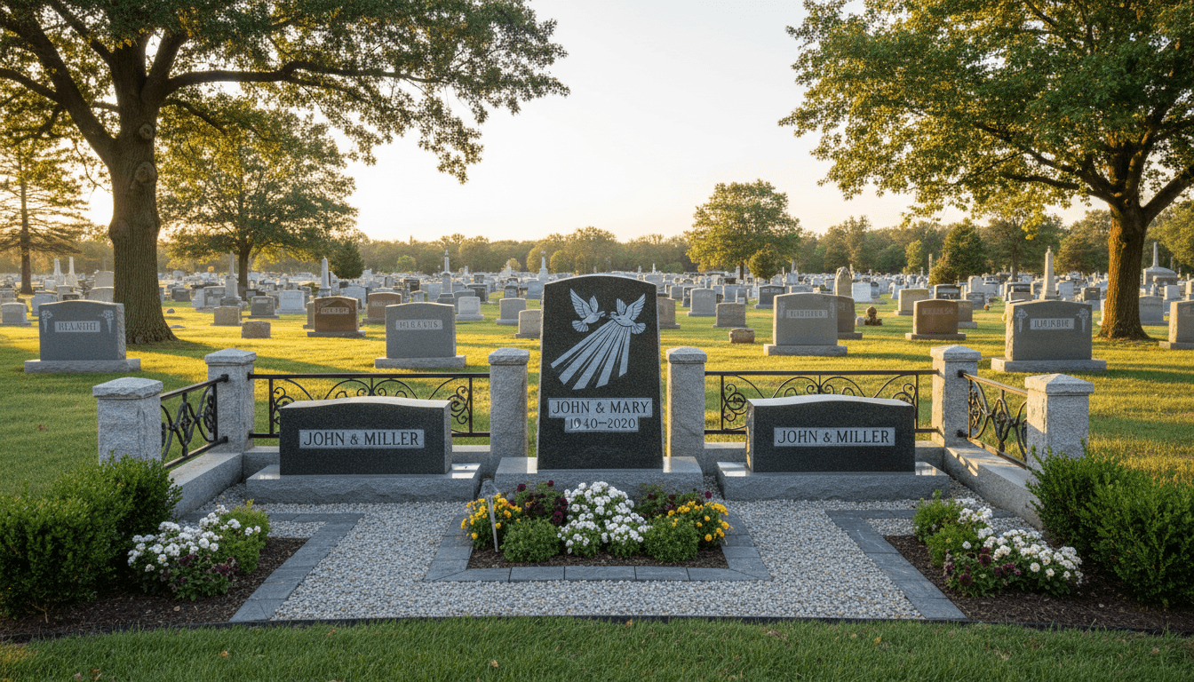 Serene cemetery landscape featuring polished granite monuments, headstones, and decorative fencing during golden hour sunset lighting