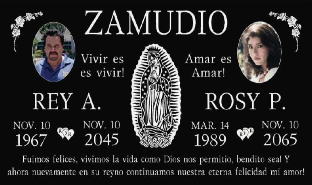 Black memorial plaque for Rey and Rosy Zamudio with portraits and Our Lady of Guadalupe.